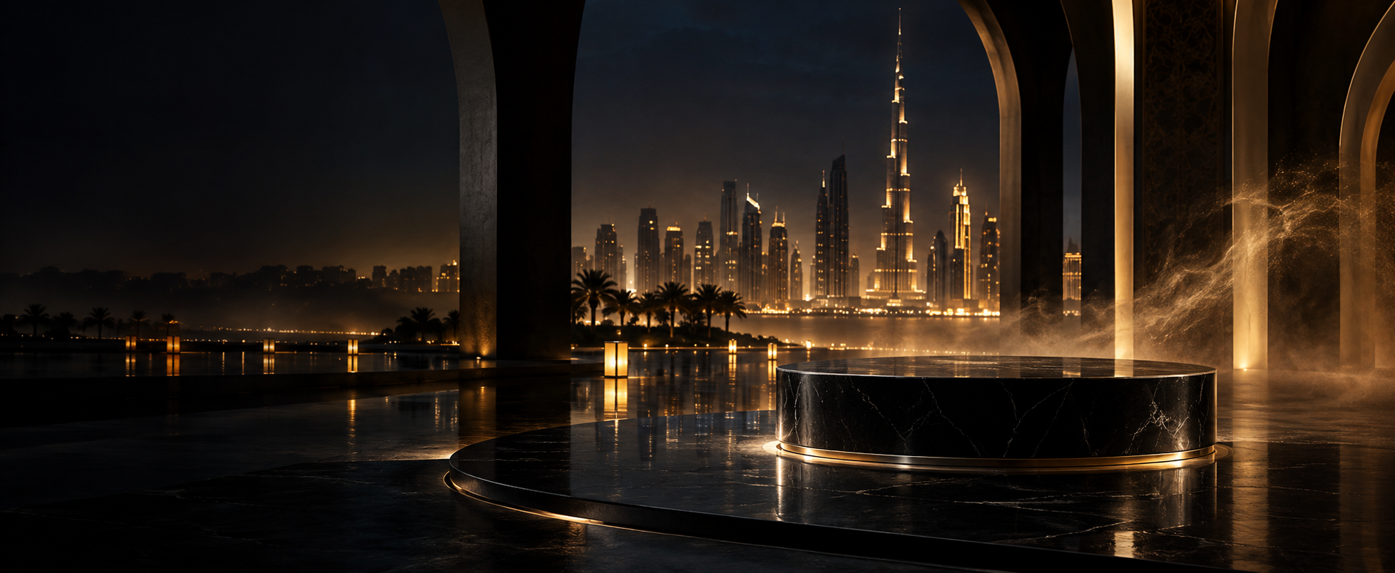 A cinematic black-and-gold Dubai fragrance atelier at night